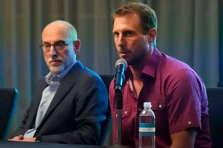 New York Mets pitcher Max Scherzer, right, has played a central role in the collective bargaining talks alongside Bruce Meyer, the chief negotiator for the Players Association.