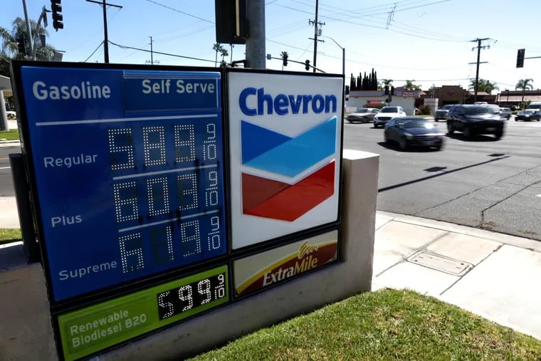 A Chevron gas station is shown in March in Tustin, Calif.