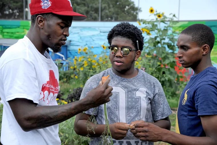 Urban Creators’ Stanley Morgan (left) samples a carrot as he talks with Ammiel Townsend (center) and Wayne Hamm at the Life Do Grow urban farm.