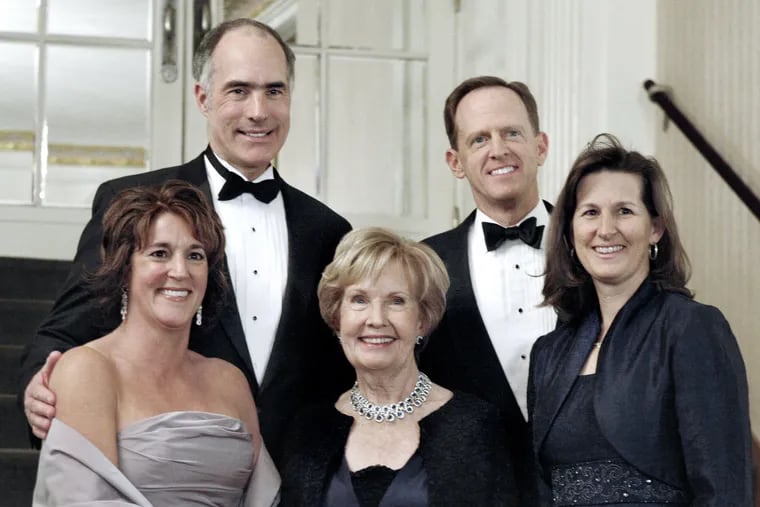Former Pennsylvania first lady Ellen Casey, center, with (from left) Terese Casey, Sen. Bob Casey, former Senator Pat Toomey, and his wife Kris Toomey at the President's Reception prior to the 112th Annual Pennsylvania Society Dinner at the Waldorf-Astoria Hotel in NYC in 2010.