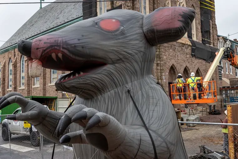 Giant rat put in place by LiUNA Local 332 protesting outside the worksite at laborers start their day. Another day of slow demolition of St.  Laurentius at Berks and Memphis is Fishtown section of Philadelphia on Monday, August 22, 2022.