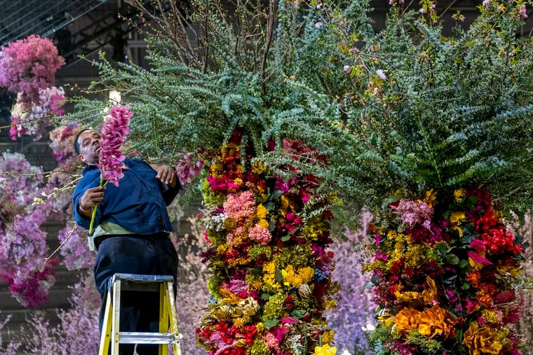 James Walker places some Cymbidium orchids on the Pennsylvania Horticultural Society’s main entrance garden exhibit in the Convention Center Wednesday, Feb. 28, 2024, as preparations continue for the opening of the 2024 Flower Show.
