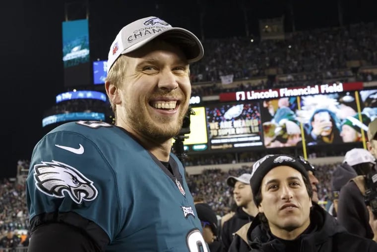 Eagles quarterback Nick Foles smiles at the end of the team’s NFC championship win over the Vikings.
