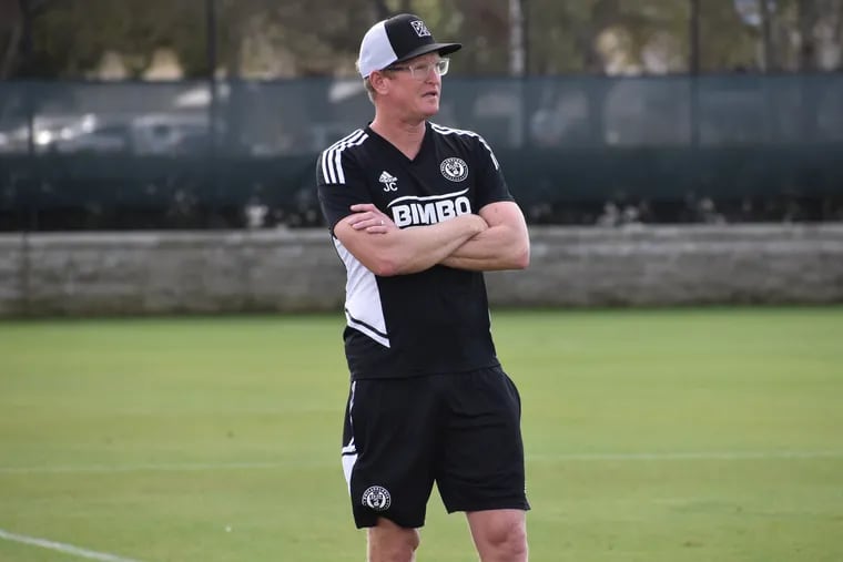 Manager Jim Curtin watches the Philadelphia Union's preseason scrimmage with FC Cincinnati at the Joe DiMaggio Sports Complex soccer field in Clearwater, Florida on February 10, 2023.