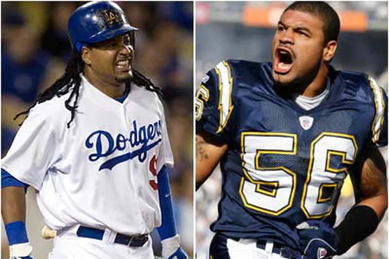 There wasn't the same outcry when Chargers linebacker Shawne Merriman (right) got caught using steriods as there was when Dodgers slugger Manny Ramirez (left) was suspended. (AP file photos)