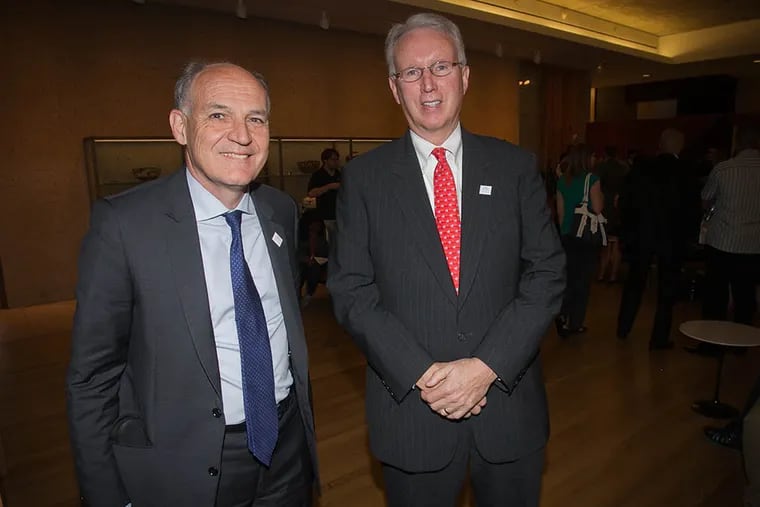 Pierre Andre de Chalendar (L), Chairman and CEO of Saint Gobain, and John Crowe, President and CEO of Saint Gobain North America, before the press conference at Barnes Museum on June 1, 2015. ( ALEJANDRO A. ALVAREZ / Staff Photographer )