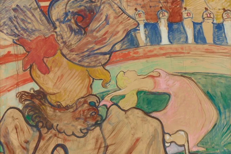 Detail from Henri de Toulouse-Lautrec's "At the Nouveau Cirque: The Dancer and the Five Stiff Shirts" (1892), at the Philadelphia Museum of Art.