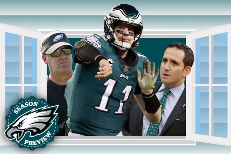 Doug Pederson, Carson Wentz, and Howie Roseman hope the Eagles' window of opporunity to win a championship will stay open for a while to come. (TIM TAI; YONG KIM; DAVID MAIALETTI; GETTY IMAGES (window); Illustration by T.J. FURMAN)