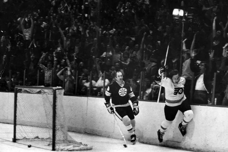 The Flyers' Reggie Leach reacts to one of the five goals he scored in a playoff game against the Bruins on May 6, 1976.