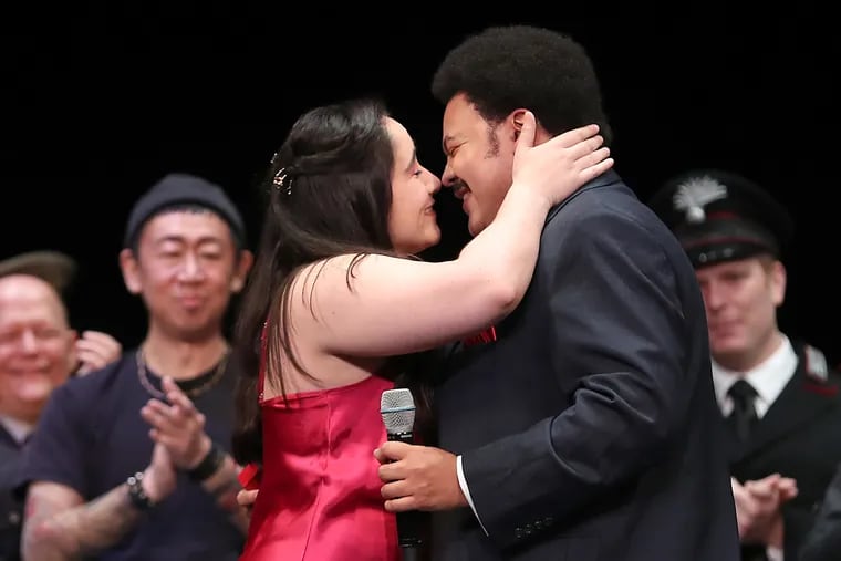 Tenor Joshua Blue, who played the Duke in Rigoletto, proposed to Ashley Marie Robillard at the Academy of Music on Sunday. They kiss on stage after she said yes.
