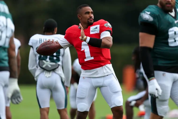 Philadelphia Eagles quarterback Jalen Hurts (1) warms up during a joint practice with the New England Patriots at the NovaCare Complex in Philadelphia, Pa. on Monday, August 16, 2021. The Philadelphia Eagles take on the New England Patriots in their second preseason game on Thursday night.