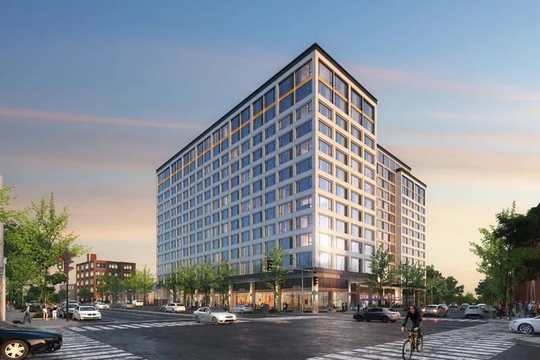 Artist's rendering of apartment building planned at current strip mall site on Spring Garden Street in Northern Liberties, as seen from corner with Fifth Street.