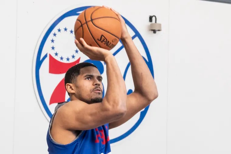 Tobias Harris shoots during practice at the 76ers training facilities in Camden.