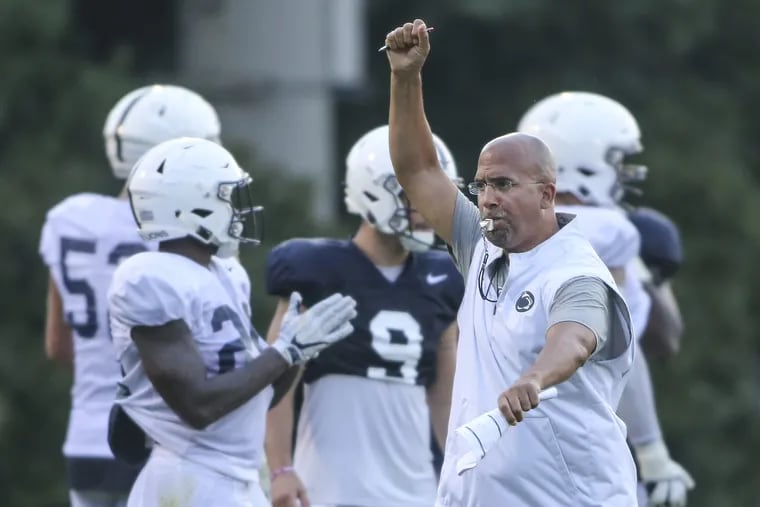 James Franklin Penn State head coach calls plays during practice in State College Pa., Wednesday, August 8 , 2018 STEVEN M. FALK / Staff Photographer