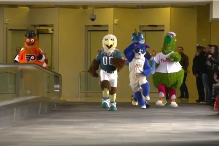 A screengrab of the mascot Christmas video released by Visit Philly.