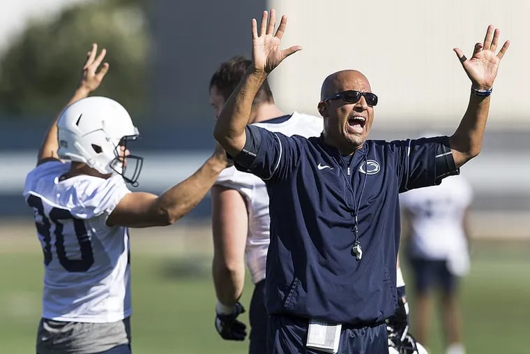 Penn State head coach James Franklin directs his team during NCAA college football practice on the outdoor fields at Lasch in State College, Pa., Monday, July 31, 2017.