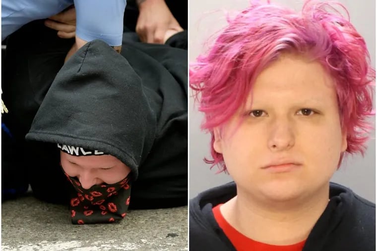 ReeAnna Segin is arrested by Philadelphia police (left) after allegedly trying to light a flag on fire in a crowd during Sunday's Pride parade. Segin (right) is pictured in a booking photo after the arrest.
