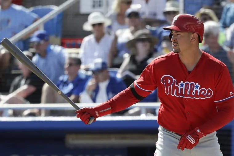 Phillies Dylan Cozens at bat against the Toronto Blue Jays during a spring training game at Dunedin Stadium in Dunedin, FL on Friday.