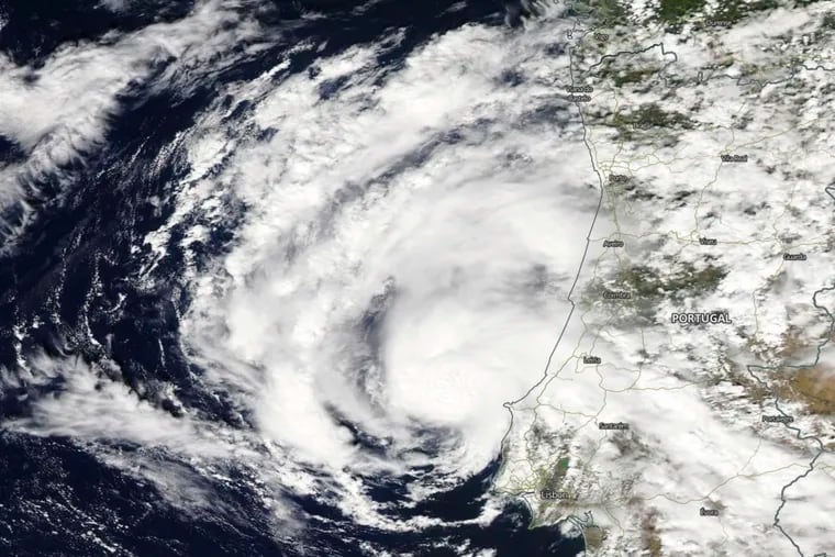 This Aqua satellite image taken Friday, Sept. 18 and provided by NASA, shows subtropical storm Alpha in the eastern North Atlantic Ocean near Portugal's coast. The Atlantic’s record-breaking “crazy” hurricane season got a bizarre European remake Friday as forecasters ran out of traditional names and trotted out the Greek alphabet for subtropical storm Alpha. And it was misplaced geographically, bearing down on Portugal.
