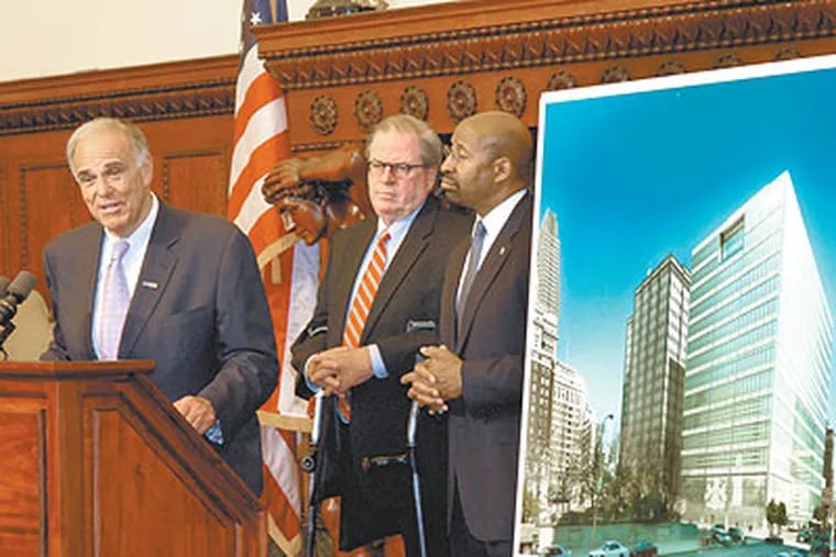Mayor Nutter, right, Gov. Rendell,left; and state Chief Justice Ron Castille were all on hand Friday for the announcement about a new family court building for 15th and Arch streets. (April Saul / Staff Photographer)