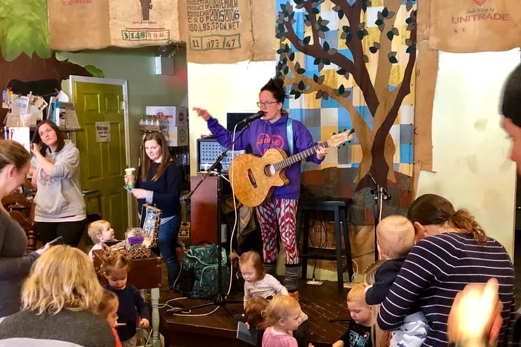 Musician Sara O'Brien performs Tuesday mornings for toddlers and their parents at the Treehouse Coffee Shop and Cafe in Audubon.