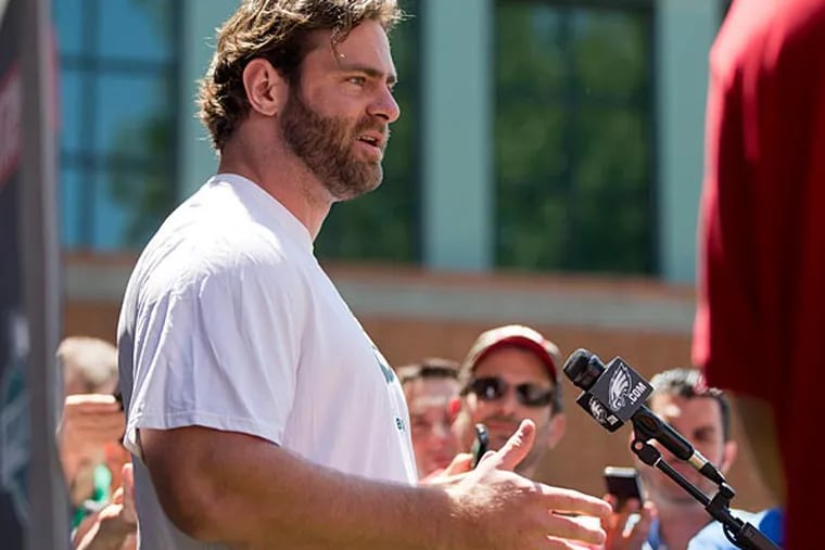 Philadelphia Eagles guard Evan Mathis speaks with members of the media at NFL football training camp, Friday, July 25, 2014, in Philadelphia. (AP Photo)