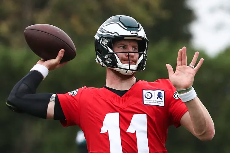 Eagles quarterback Carson Wentz throws the ball during practice at the NovaCare Complex in South Philadelphia on Thursday.
