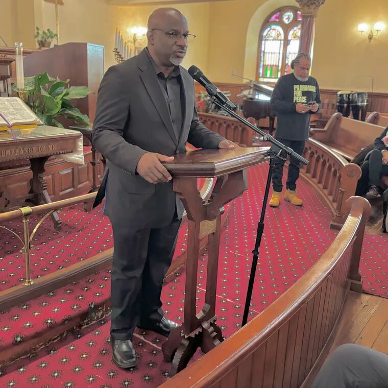 The Rev. Mark Tyler, pastor of Philadelphia's historic Mother Bethel AME Church, delivers a plea for a cease-fire, hostage release, and humanitarian aid for Gaza to a pilgrimage that left the city on Wednesday for the White House.
