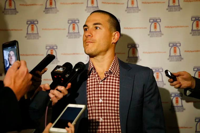 Phillies catcher J.T. Realmuto meets with the media before the Philadelphia Sports Writers Association banquet.