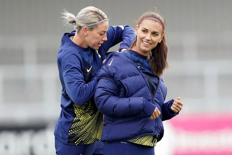Alex Morgan (right) could make her Tottenham Hotspur debut Sunday against a Manchester City team that features fellow U.S. national team stars Rose Lavelle and Samantha Mewis.