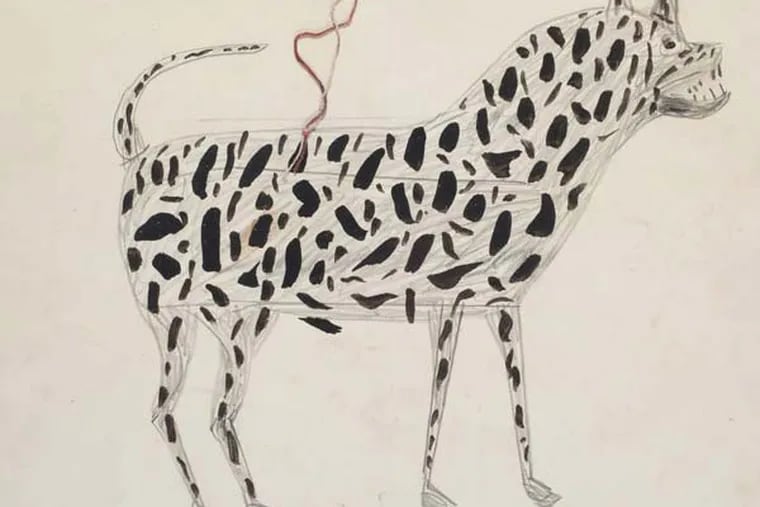 SOZA03 is an exhibition of the Jill and Sheldon Bonovitz collection of outsider art at the Philadelphia Museum of Art, through June 9. Bill Traylor, “Spotted Dog,” graphite and opaque watercolor on card, ca. 1939-42.