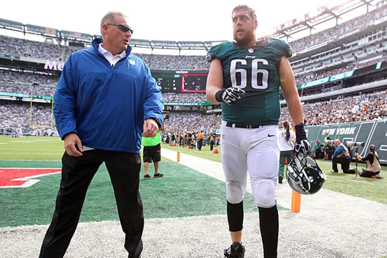 Philadelphia Eagles guard Andrew Gardner (66) leaves the field during the second quarter against the New York Jets at MetLife Stadium.