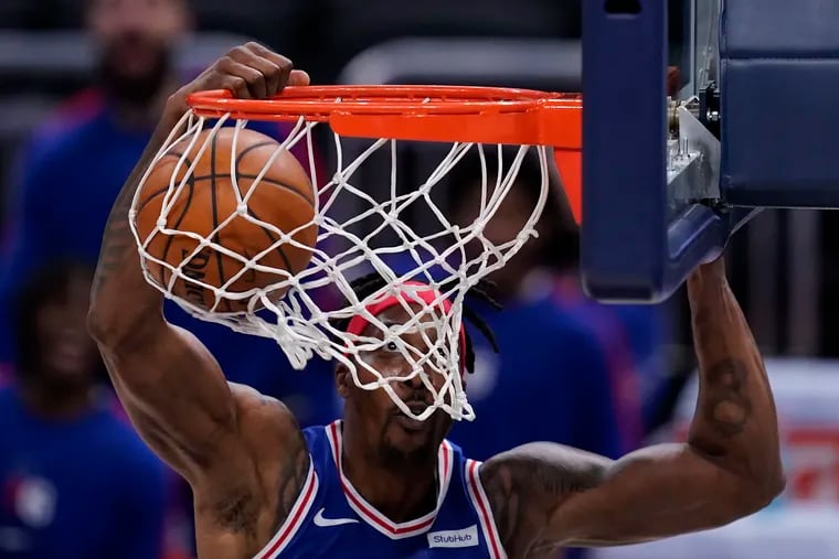 Philadelphia 76ers' Dwight Howard dunks during the first half against the Indiana Pacers, Friday, Dec. 18, 2020, in Indianapolis.