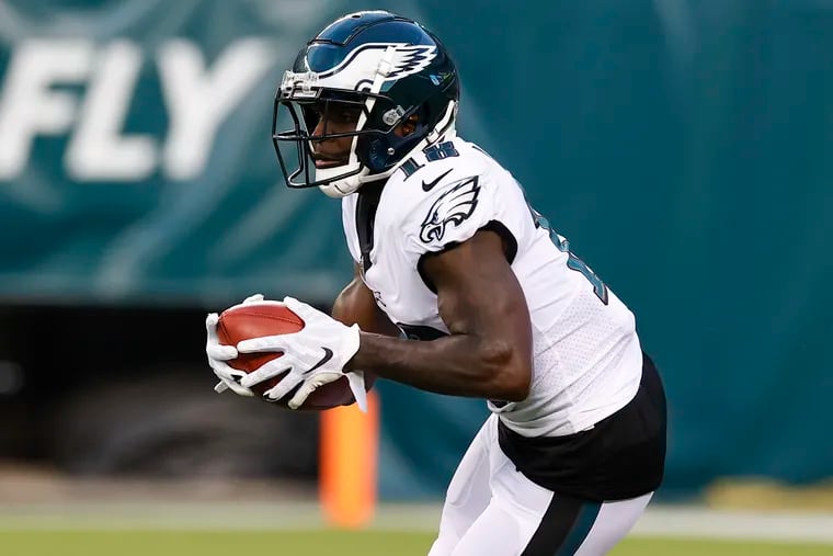 Eagles wide receiver Jalen Reagor runs with the football on a kickoff during a preseason game on Thursday, August 19, 2021 in Philadelphia.