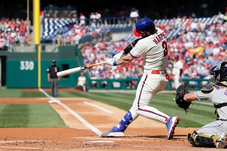 Phillies Bryce Harper hits a first-inning solo home run against the Colorado Rockies on Saturday, May 18, 2019 in Philadelphia.