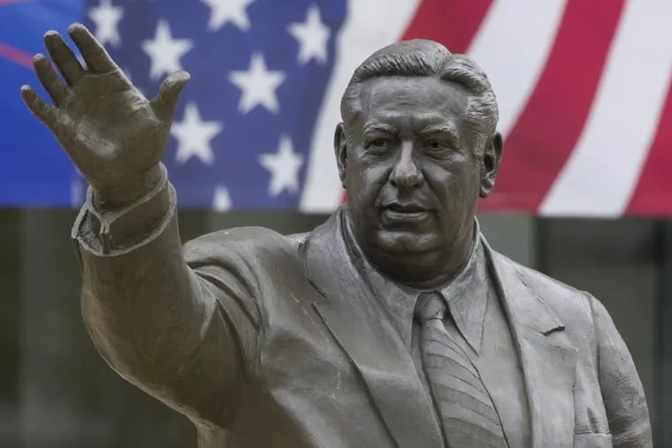 The Ghost of Frank Rizzo struck a pose remarkably like the statue of him in Center City.