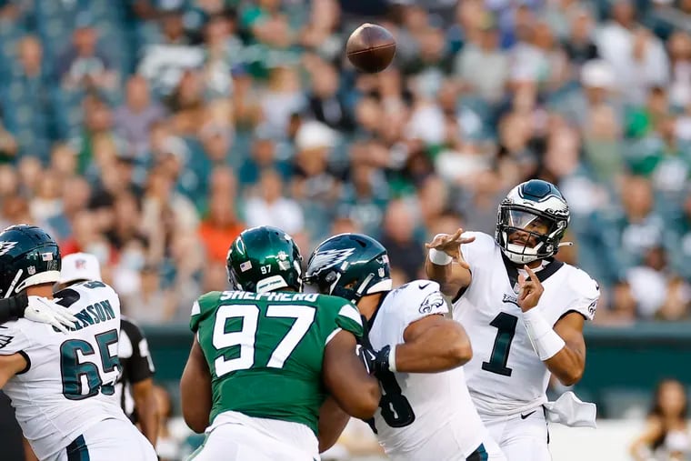 Eagles quarterback Jalen Hurts completed 8 of 8 passes for 80 yards on his lone drive of the game on Friday.