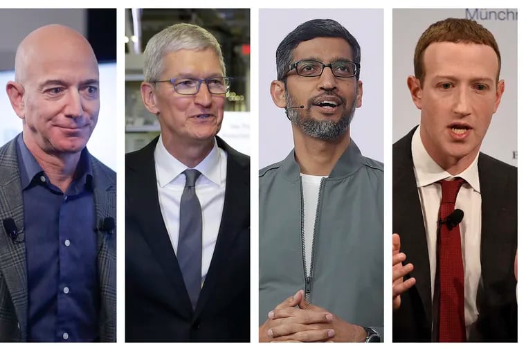 This combination of 2019-2020 photos shows Amazon CEO Jeff Bezos, Apple CEO Tim Cook, Google CEO Sundar Pichai and Facebook CEO Mark Zuckerberg. On Wednesday, July 29, 2020, the four Big Tech leaders will answer for their companies’ practices before Congress at a hearing by the House Judiciary subcommittee on antitrust.