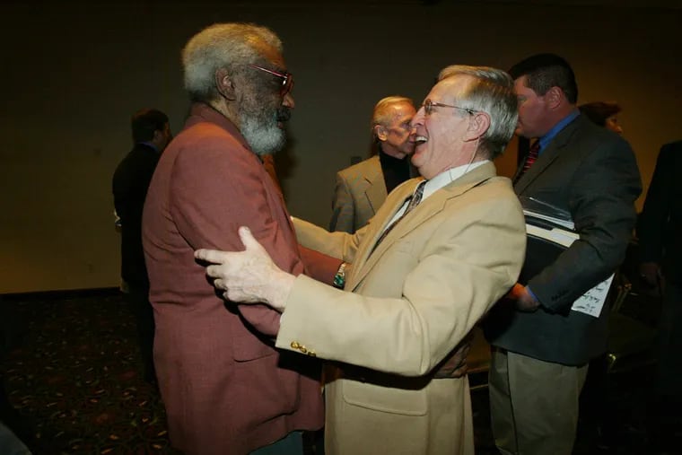 Clarence Peaks (left) and Tommy McDonald were on hand when the 1960 Eagles were inducted into the Philadelphia Sports Hall of Fame in 2006.