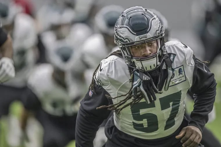 New Eagle linebacker Dannell Ellerbe , #57, participates in warmups during the indoor practice held at the NovaCare Center on Wednesday November 22, 2017.
