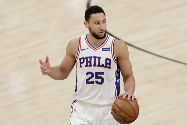 Ben Simmons dribbles in a Sixers game against the Atlanta Hawks in Game 6 of the Eastern Conference semifinals on Friday, June 18, 2021 in Atlanta.