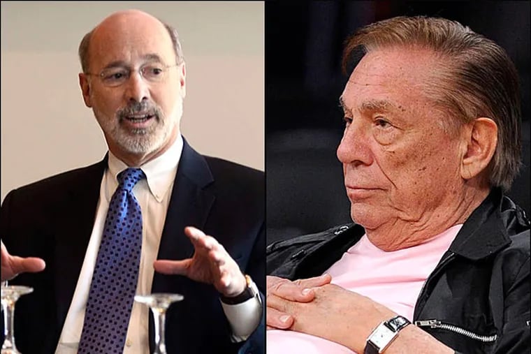 Two of the 3 Democrats trailing Tom Wolf (left)  in the May 20 primary for governor are attempting to fillet the front-runner, implying that he's a rich, white bigot like Clipppers owner Donald Sterling (right), recently banned by the NBA over racist remarks. (File photos)