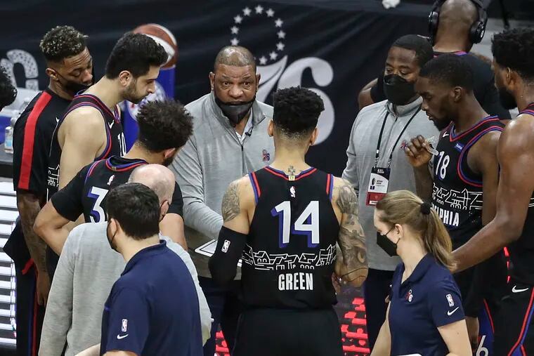Sixers' head coach Doc Rivers talks to his team during a timeout with the Warriors during the 4th quarter at the Wells Fargo Center in Philadelphia, Monday,  April 19, 2021. Warriors beat the Sixers 107-96.