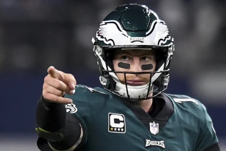 Eagles quarterback Carson Wentz is the team leader as he demonstrates during the Eagles 37-9 victory in Dallas November 29, 2017.