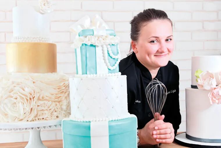 Masha Lipkovsky along with some of the cakes she created for Brides Against Cancer. Cakes, from left to right: Wedding Dress cake, Tiffany Blue Box cake and Ombre polka dot cake. (MICHAEL BRYANT/Staff Photographer)