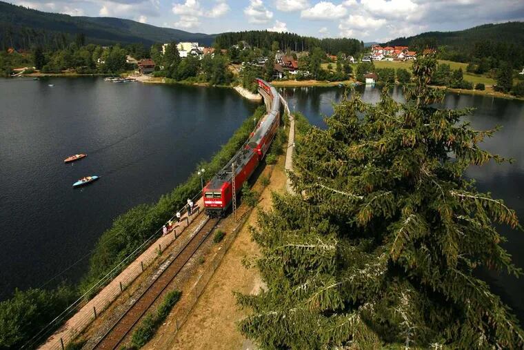 A regional train in Germany crosses the Schluchsee near the Black Forest. The system counts 76,473 kilometers (about 47,520 miles) of track.