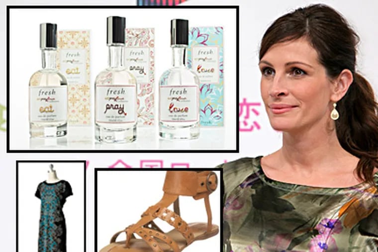 Promotional tie-ins to Eat, Pray, Love include (counter-clockwise) scents from Fresh, a Dana Buchman dress from Kohl's, and gladiator sandals from Kenneth Cole. (AP Photo / Shizuo Kambayashi)