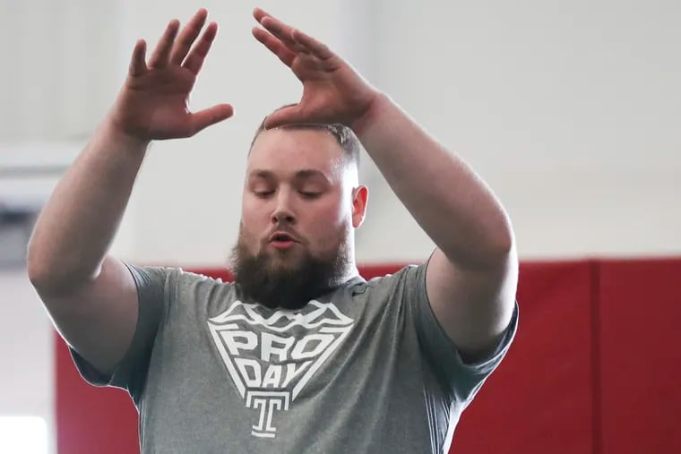 Offensive lineman C.J. Perez preparing to jump for a drill at the 2022 Temple Pro Day inside Temple’s Aramark STAR Complex in Philadelphia on March 23, 2022.