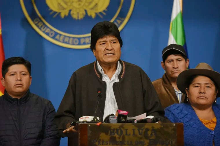 Bolivian President Evo Morales speaks from the presidential hangar in El Alto, Bolivia on Sunday.