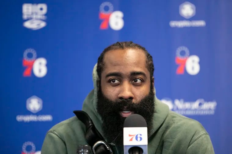 James Harden speaks during a press conference formally introducing both him and Paul Millsap at the Philadelphia 76ers Training Complex in Camden.